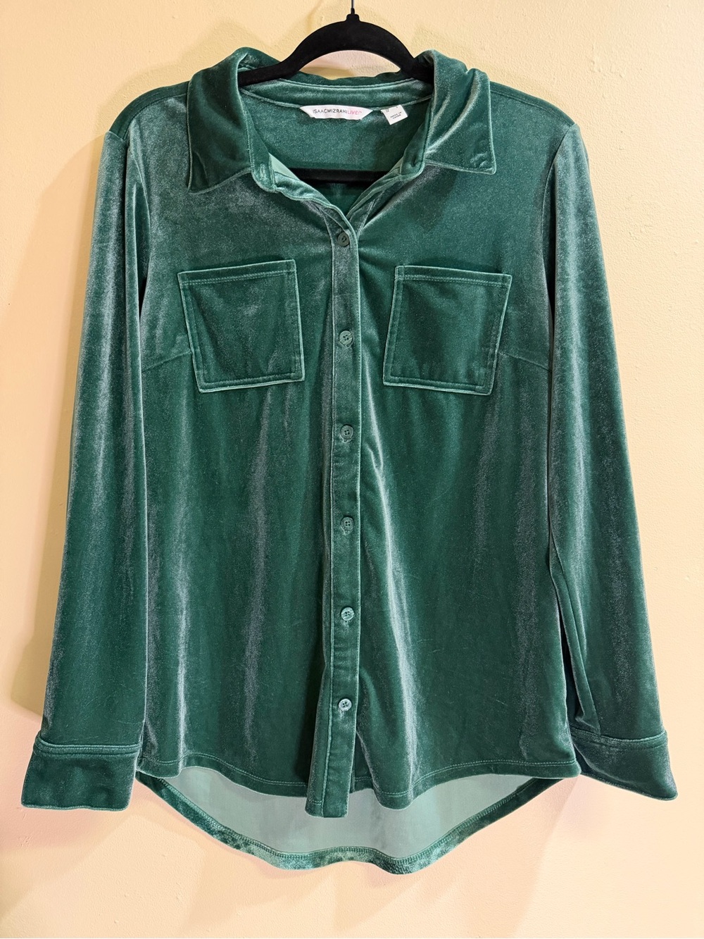 Isaac Mizrahi Live Green Velvet Button-Down Shirt XS – Stretch, High-Low Hem